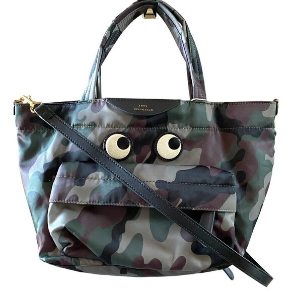 Anya Hindmarch camouflage logo eyes tote bag crossbody green brown olive black - Picture 1 of 13